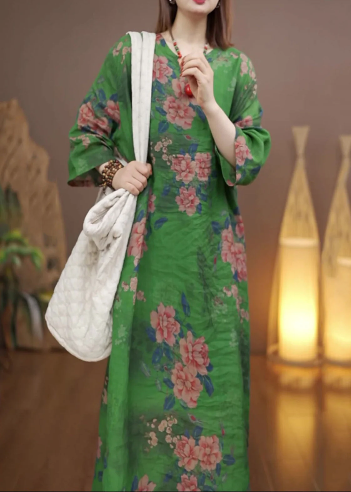 Vintage Green O-Neck Print Long Dress Fall - Image 4