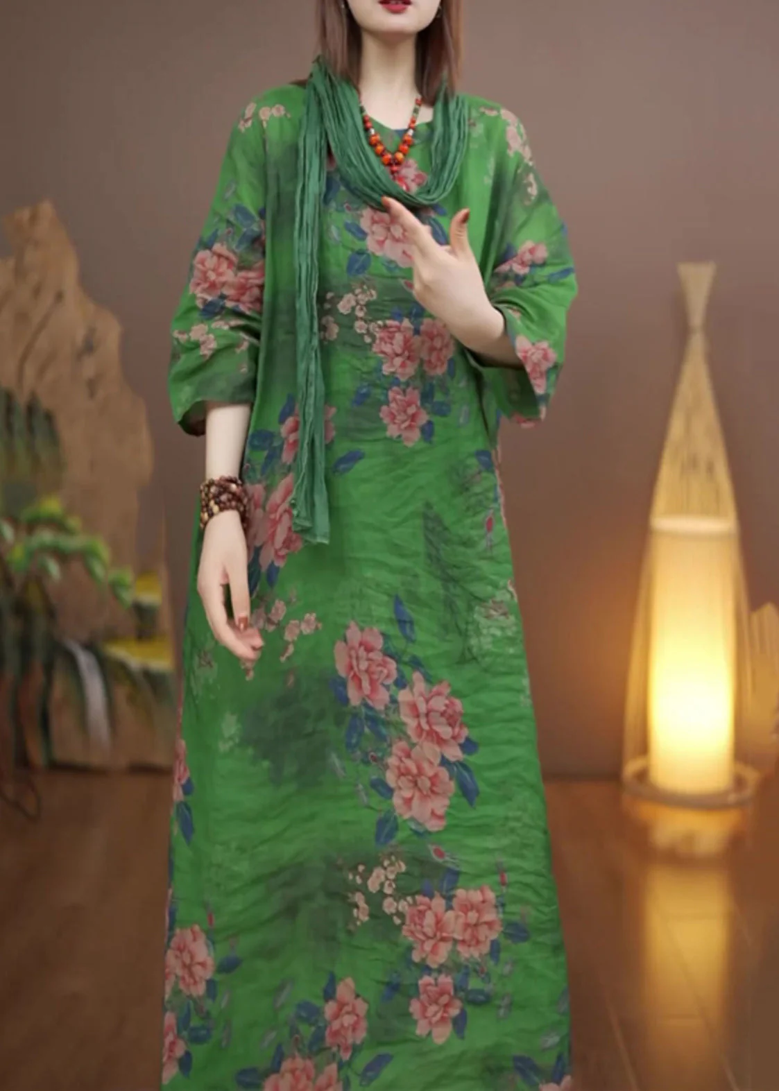 Vintage Green O-Neck Print Long Dress Fall - Image 5