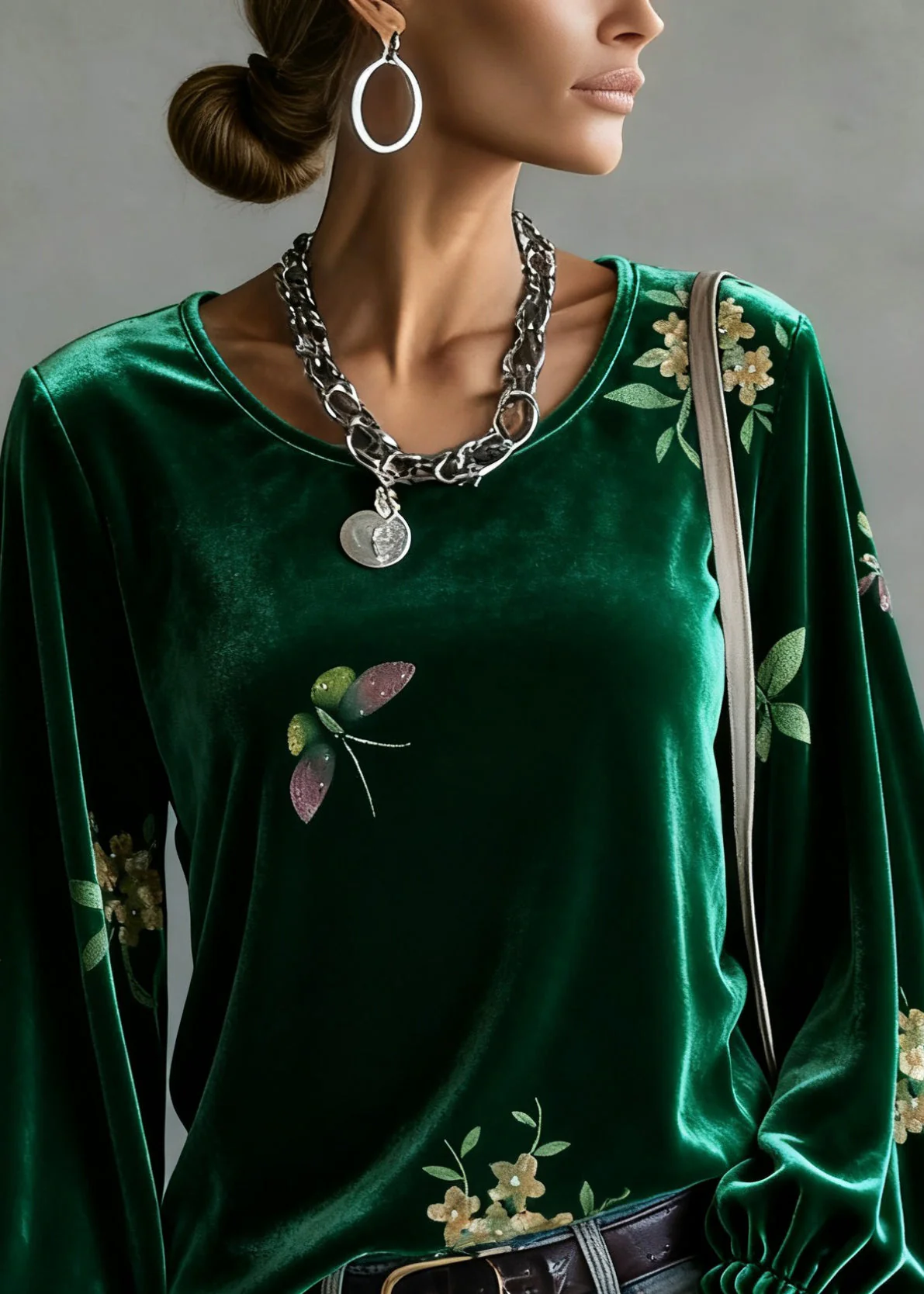 Vintage Green O-Neck Print Silk Velour Tops Spring - Image 2
