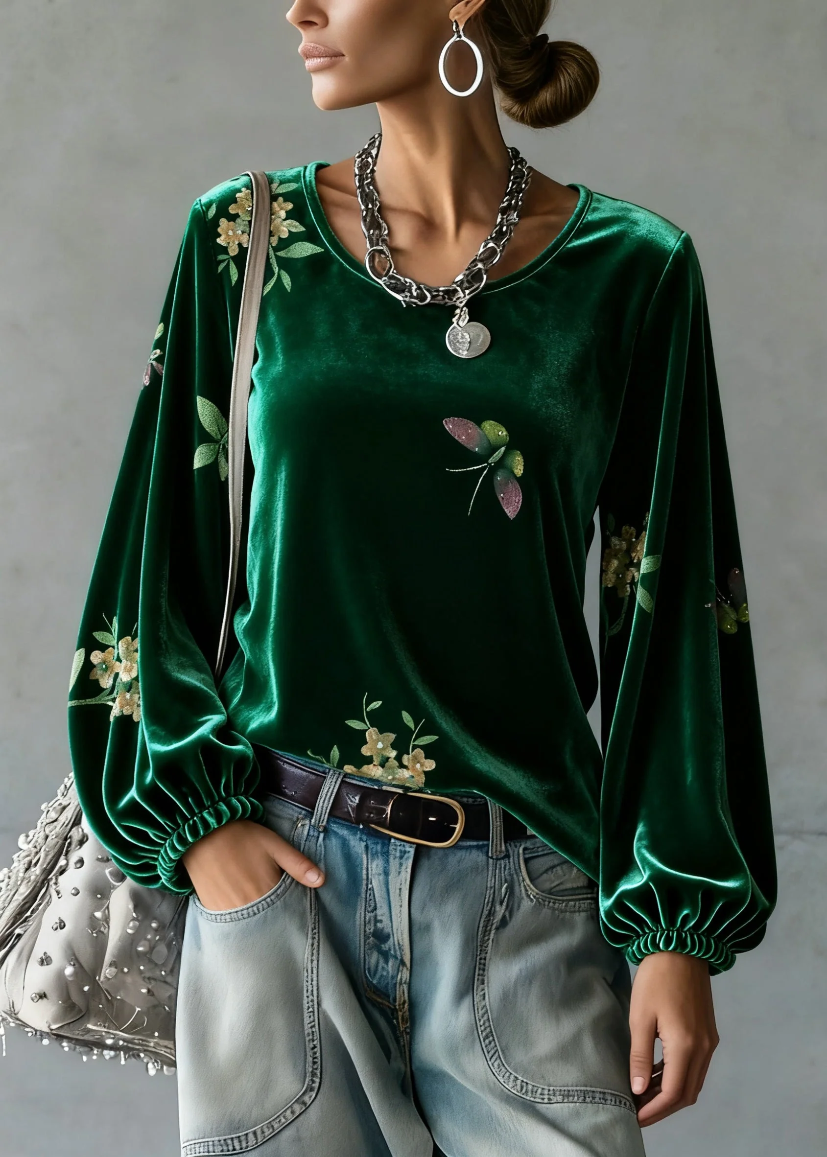 Vintage Green O-Neck Print Silk Velour Tops Spring - Image 3
