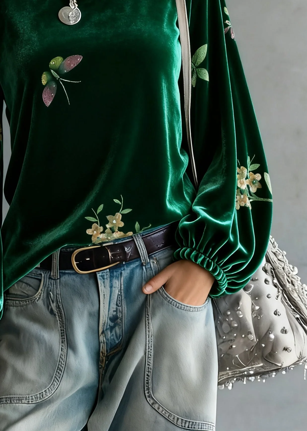 Vintage Green O-Neck Print Silk Velour Tops Spring - Image 4