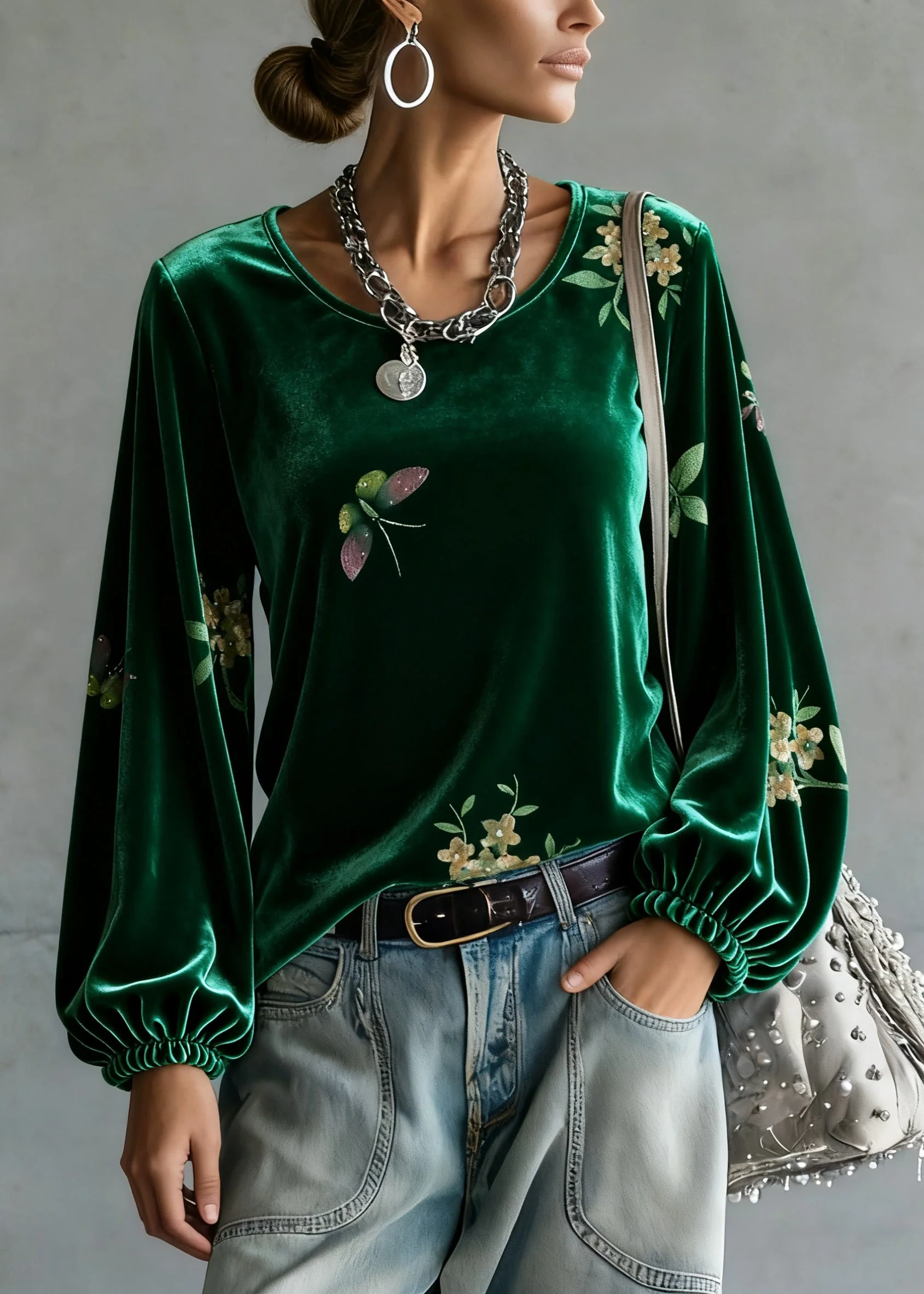 Vintage Green O-Neck Print Silk Velour Tops Spring - Image 5