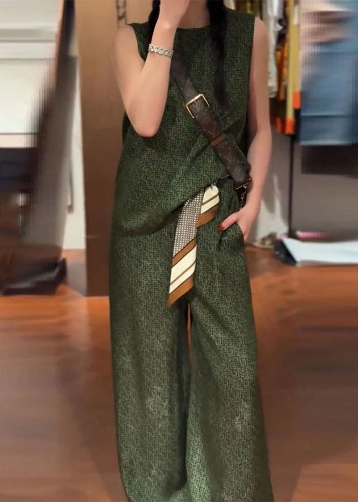 Vintage Green O-Neck Satin Vest And Wide Leg Pants Two Pieces Set Summer - Image 3