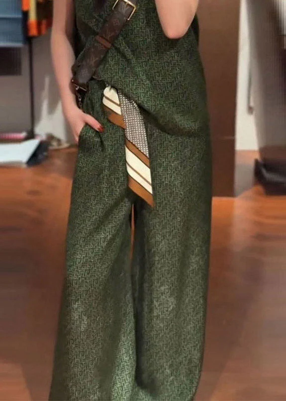 Vintage Green O-Neck Satin Vest And Wide Leg Pants Two Pieces Set Summer - Image 4