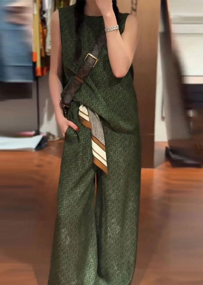 Vintage Green O-Neck Satin Vest And Wide Leg Pants Two Pieces Set Summer - Image 5