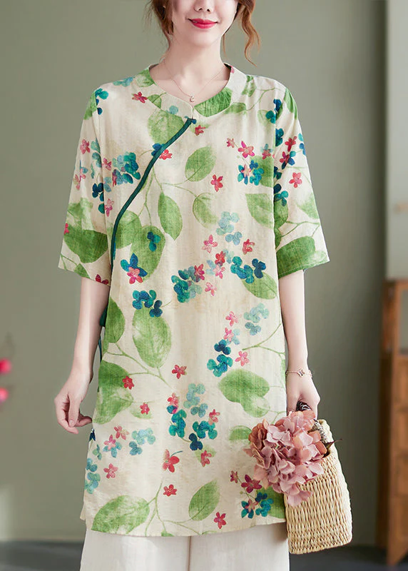 Vintage Green O-Neck Tie Waist Print Linen Dress Half Sleeve