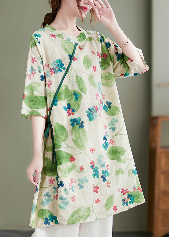 Vintage Green O-Neck Tie Waist Print Linen Dress Half Sleeve - Image 2