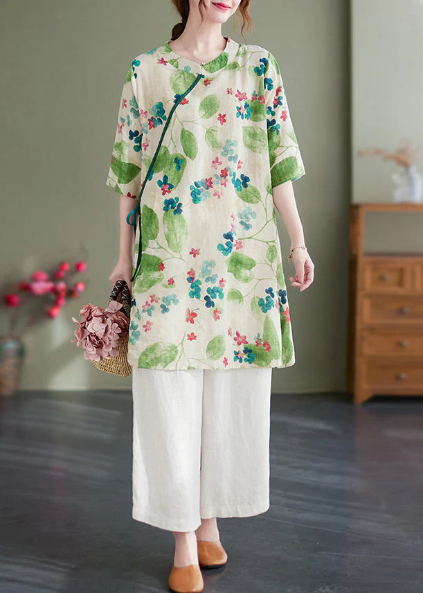 Vintage Green O-Neck Tie Waist Print Linen Dress Half Sleeve - Image 3