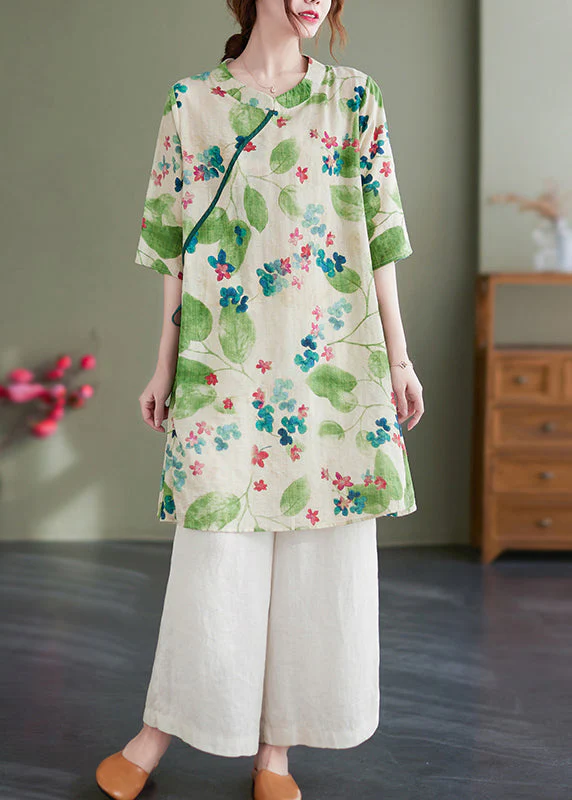 Vintage Green O-Neck Tie Waist Print Linen Dress Half Sleeve - Image 4