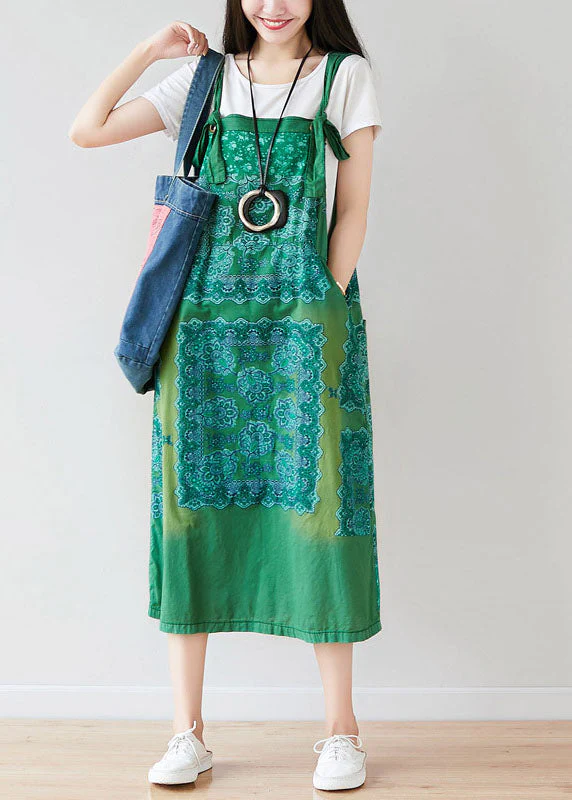 Vintage Green Oversized Print Cotton Strap Dress Spring - Image 2