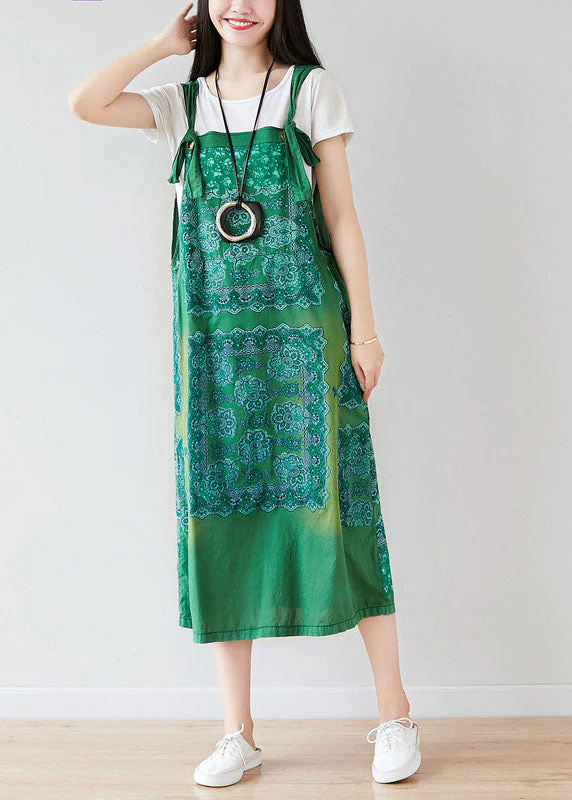 Vintage Green Oversized Print Cotton Strap Dress Spring - Image 3