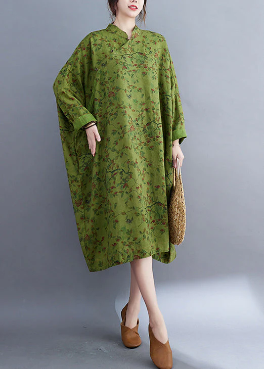 Vintage Green Oversized Print Linen Long Dress Batwing Sleeve - Image 3