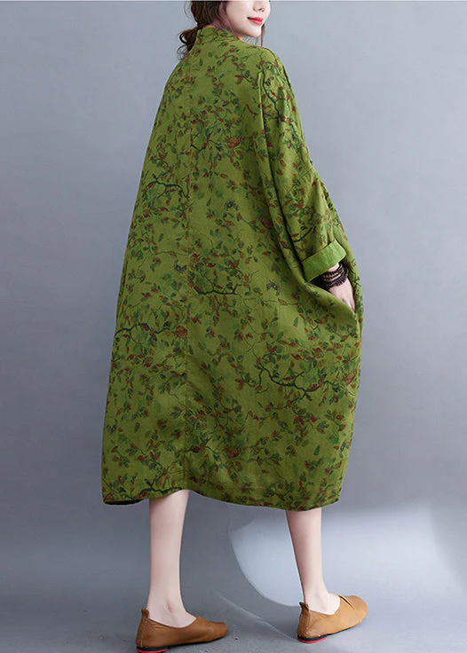 Vintage Green Oversized Print Linen Long Dress Batwing Sleeve - Image 4