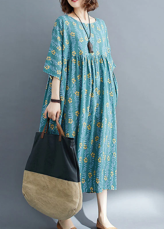 Vintage Green Patchwork Wrinkled Cotton Vacation Long Dresses Summer - Image 2