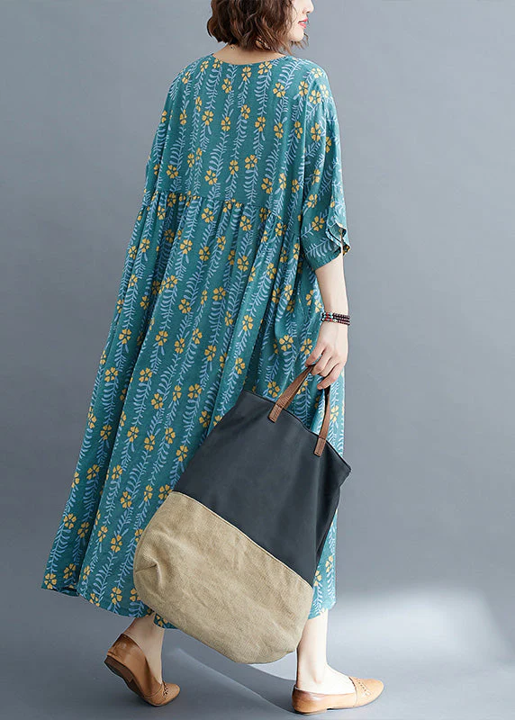 Vintage Green Patchwork Wrinkled Cotton Vacation Long Dresses Summer - Image 3
