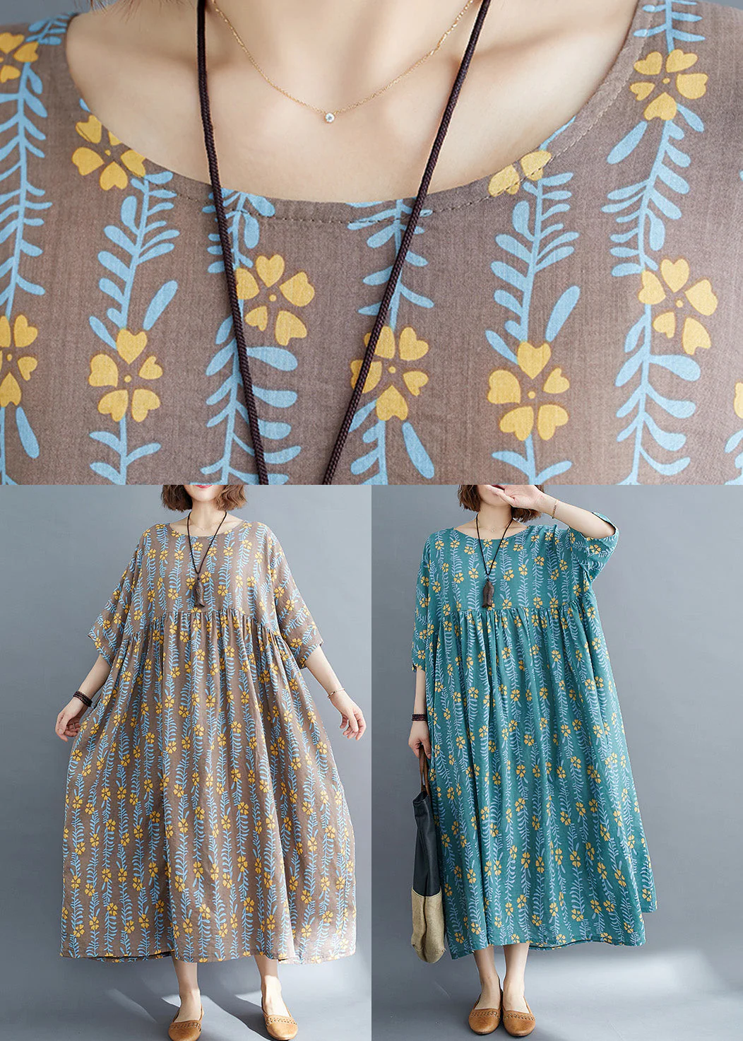 Vintage Green Patchwork Wrinkled Cotton Vacation Long Dresses Summer - Image 4