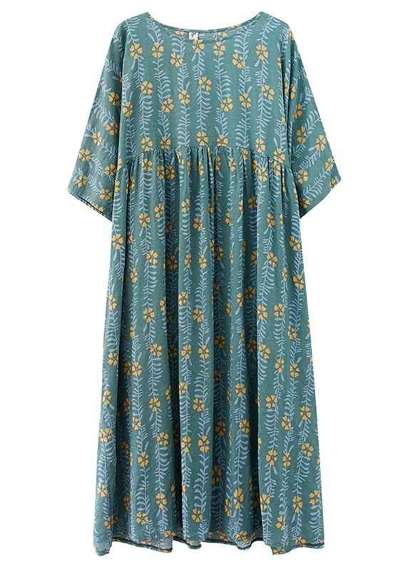 Vintage Green Patchwork Wrinkled Cotton Vacation Long Dresses Summer - Image 5