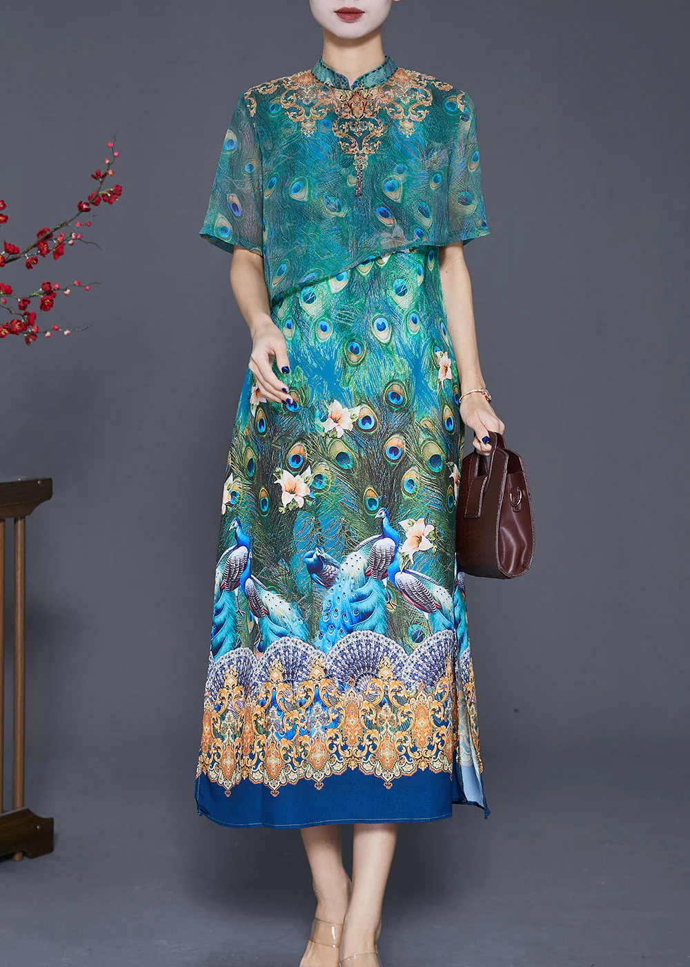 Vintage Green Peacock Print Side Open Silk Dress Summer - Image 2