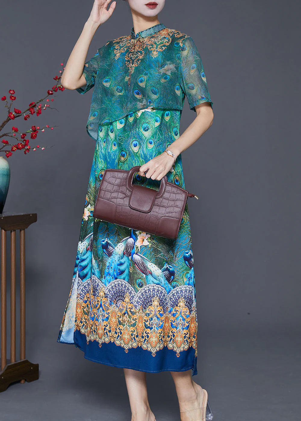 Vintage Green Peacock Print Side Open Silk Dress Summer - Image 3