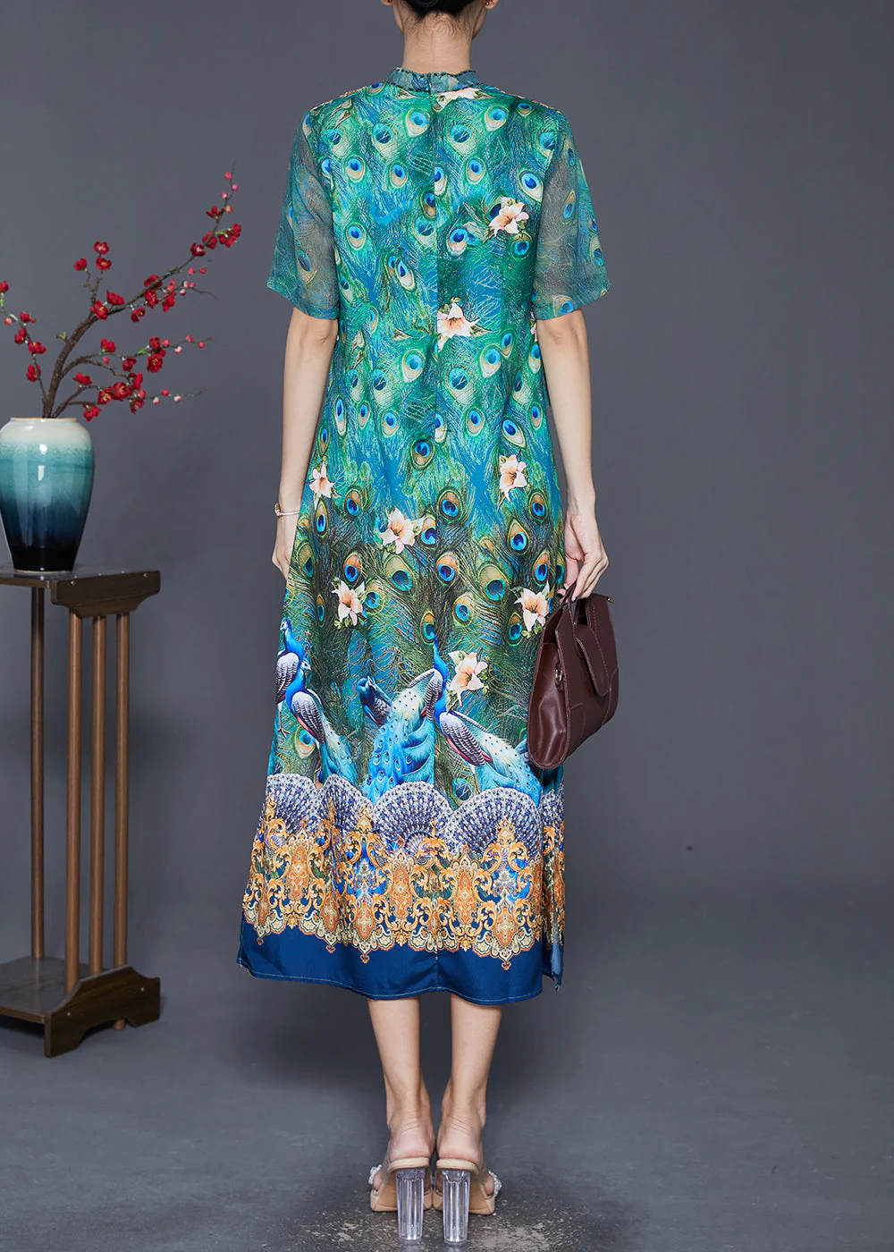 Vintage Green Peacock Print Side Open Silk Dress Summer - Image 4
