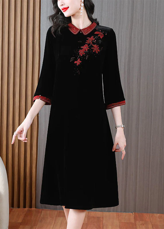 Vintage Green Peter Pan Collar Embroidered Silk Velour Long Dress Long Sleeve - Image 2