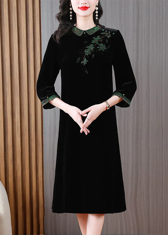 Vintage Green Peter Pan Collar Embroidered Silk Velour Long Dress Long Sleeve - Image 3