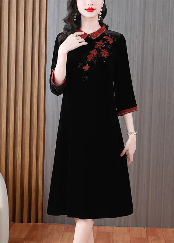 Vintage Green Peter Pan Collar Embroidered Silk Velour Long Dress Long Sleeve - Image 4