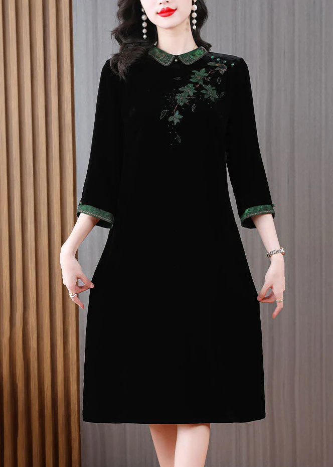 Vintage Green Peter Pan Collar Embroidered Silk Velour Long Dress Long Sleeve - Image 5
