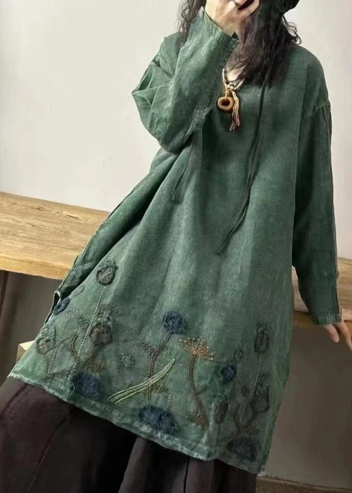 Vintage green polka dots V Neck Embroidered Patchwork Linen Mid Dresses Fall - Image 5