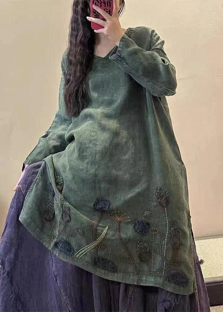 Vintage green polka dots V Neck Embroidered Patchwork Linen Mid Dresses Fall - Image 8
