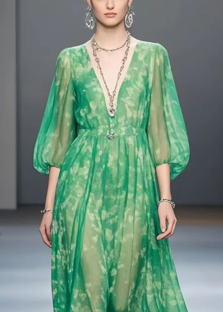Vintage Green Print Chiffon Robe Dresses Bracelet Sleeve - Image 2
