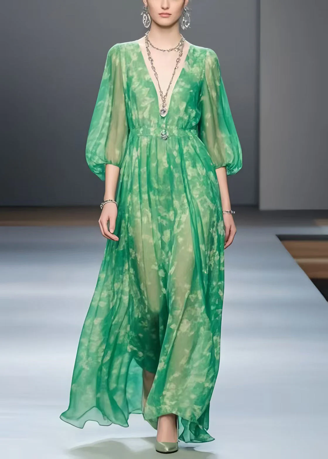Vintage Green Print Chiffon Robe Dresses Bracelet Sleeve - Image 3