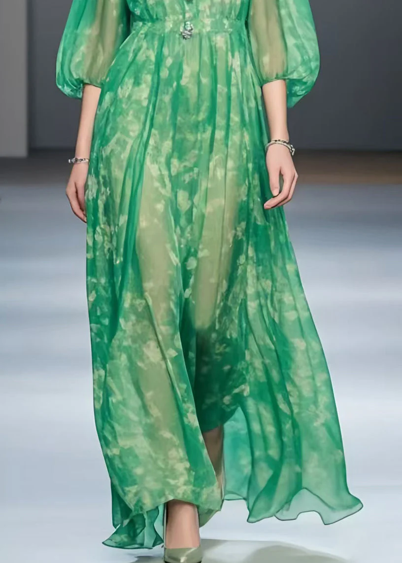 Vintage Green Print Chiffon Robe Dresses Bracelet Sleeve - Image 4