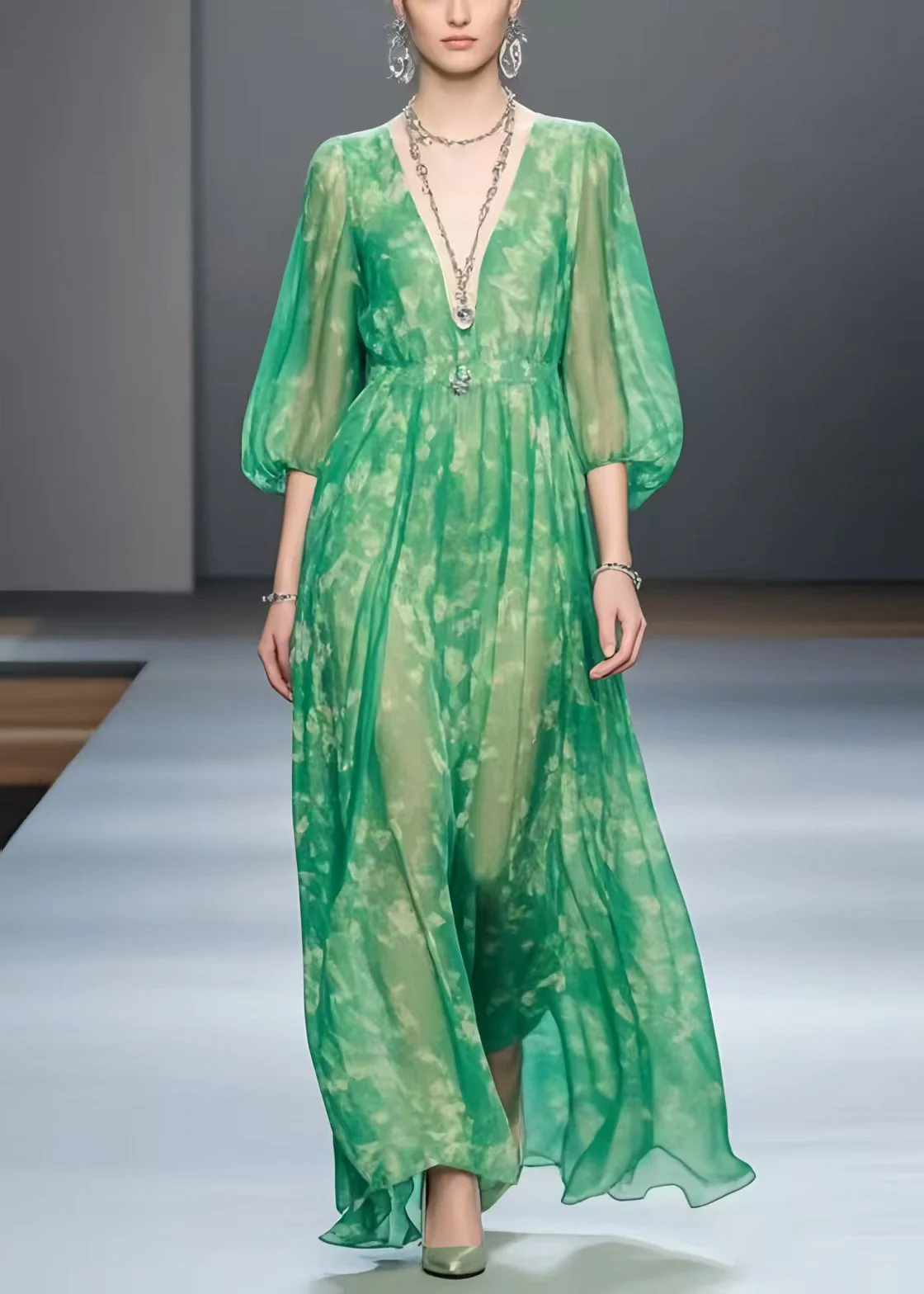 Vintage Green Print Chiffon Robe Dresses Bracelet Sleeve - Image 5