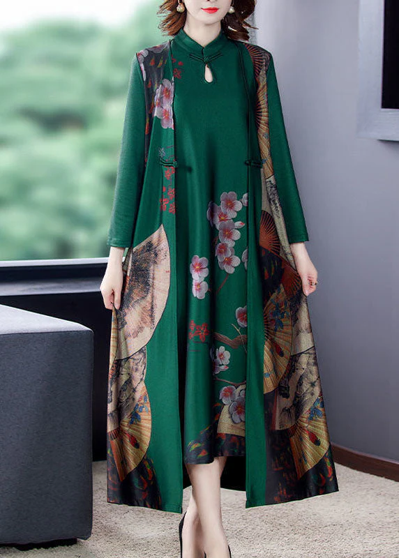 Vintage Green Print Chinese Button Silk Fake Two Piece Oriental Dresses Spring - Image 3