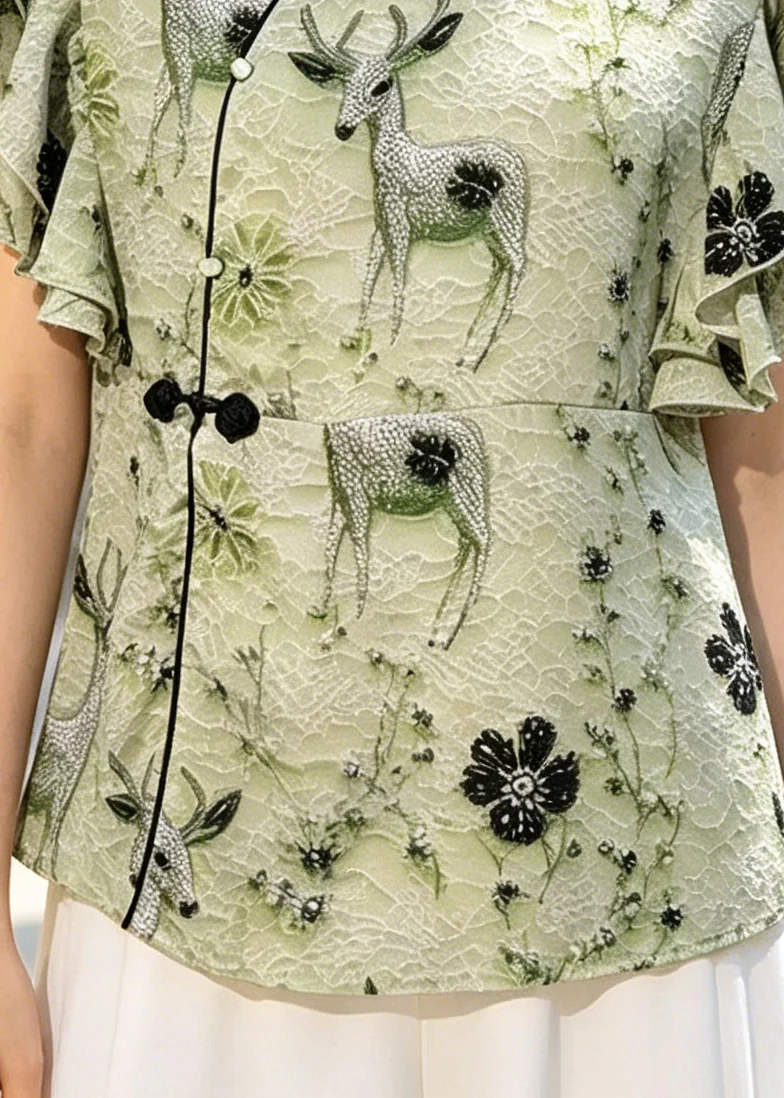 Vintage Green Print Chinese Button Silk Shirt Butterfly Sleeve - Image 4