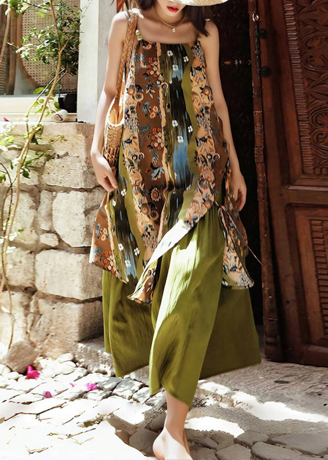 Vintage Green Print Holiday Long Spaghetti Strap Dress Sleeveless - Image 2