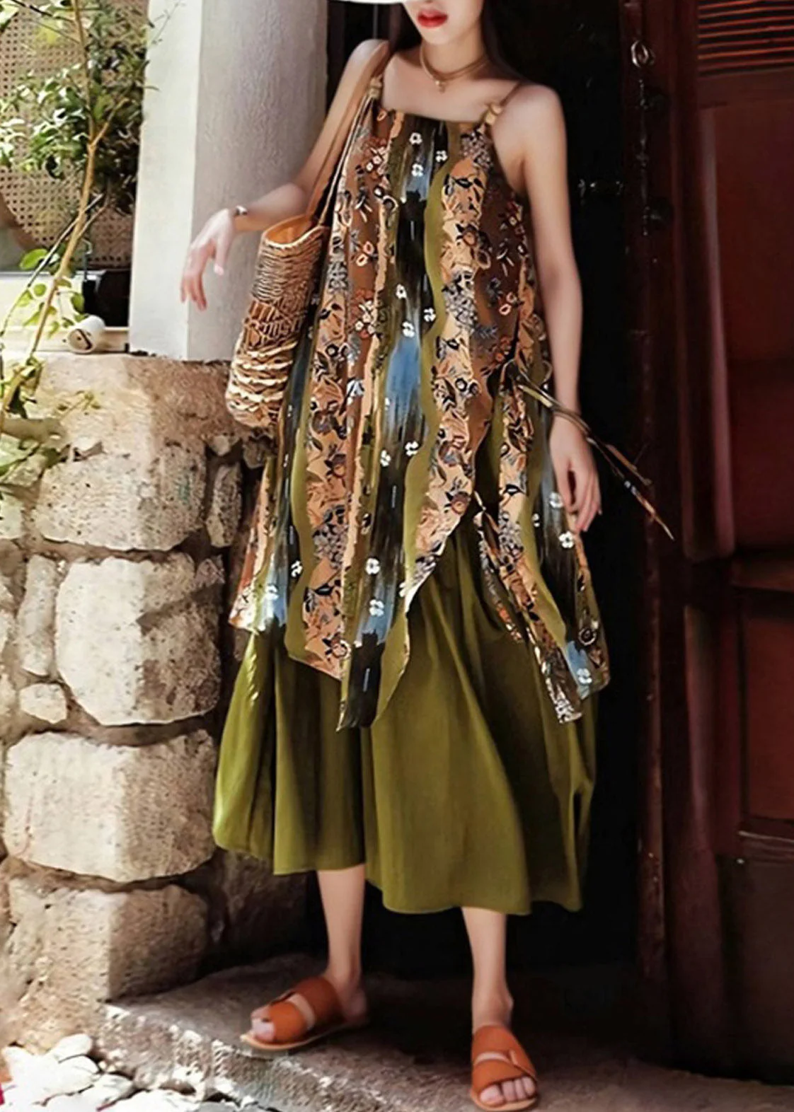 Vintage Green Print Holiday Long Spaghetti Strap Dress Sleeveless - Image 3