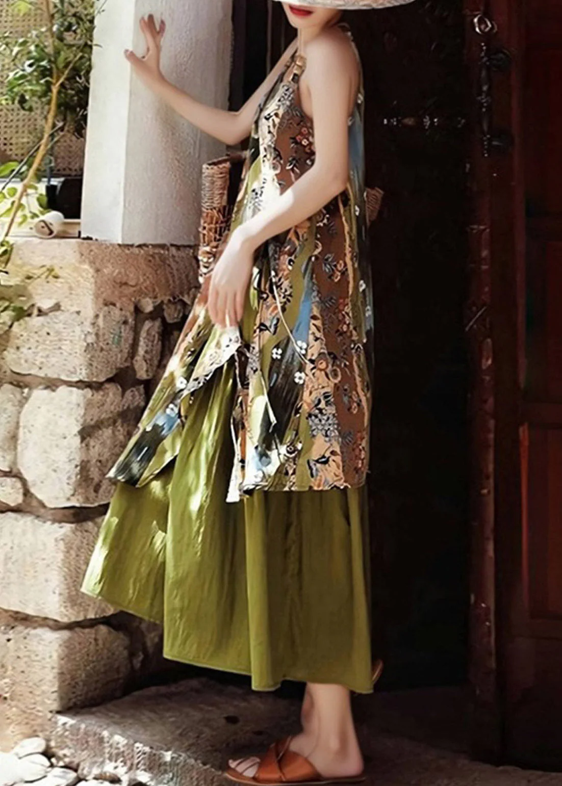 Vintage Green Print Holiday Long Spaghetti Strap Dress Sleeveless - Image 4