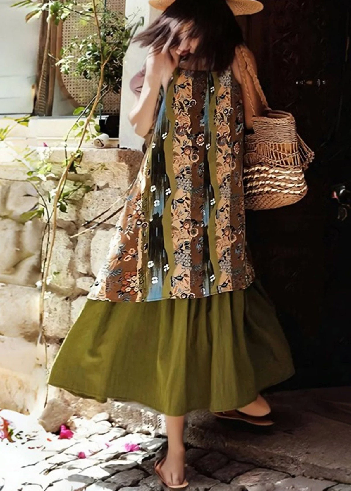 Vintage Green Print Holiday Long Spaghetti Strap Dress Sleeveless - Image 5