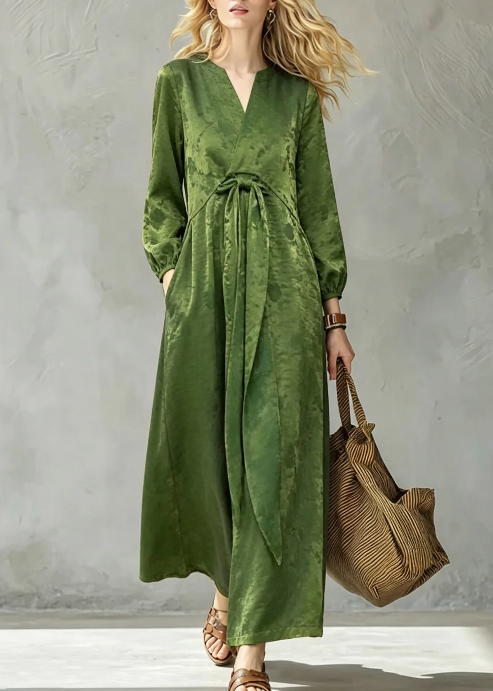 Vintage Green Print Pockets Bow Long Dress Fall - Image 3