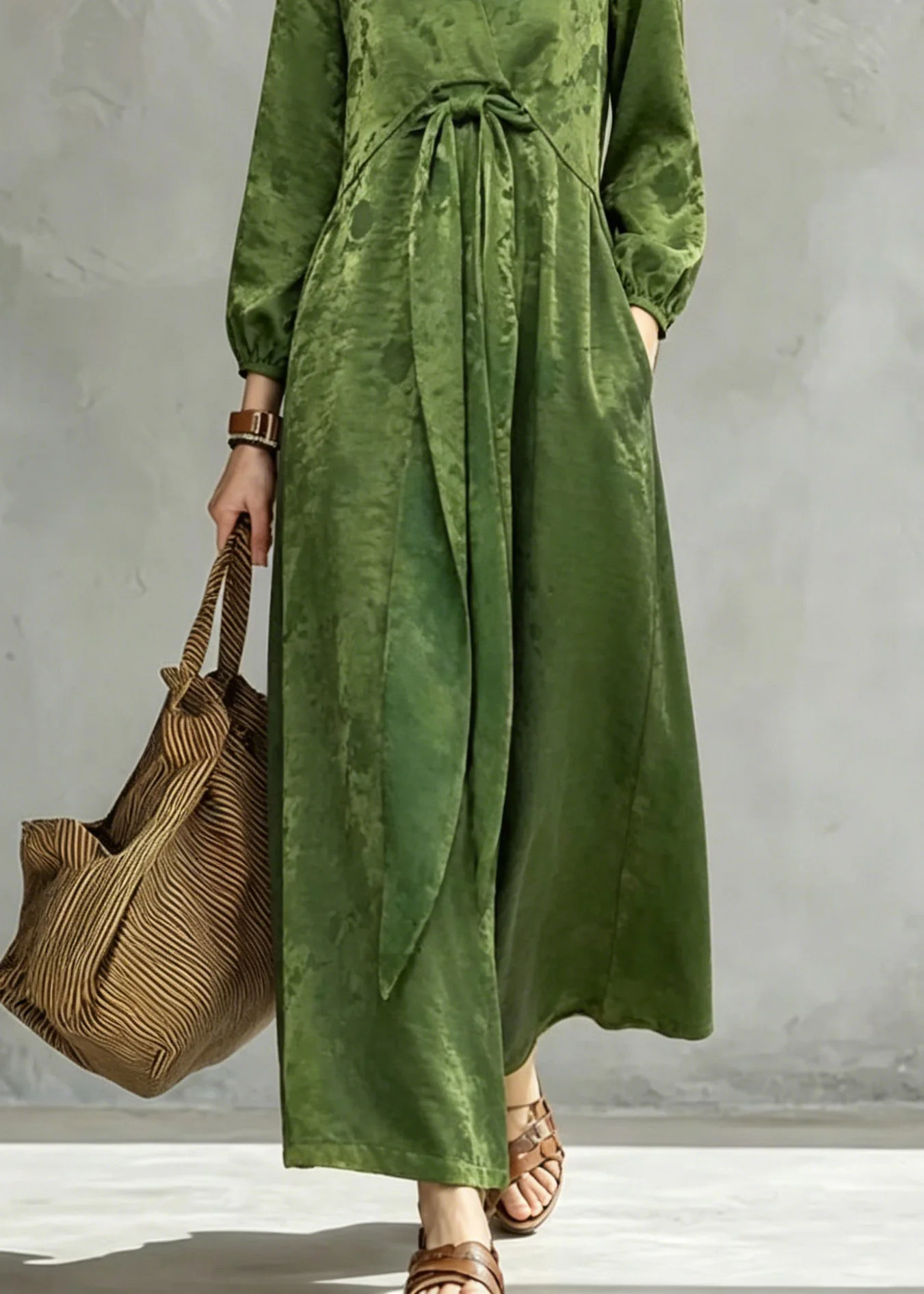 Vintage Green Print Pockets Bow Long Dress Fall - Image 4