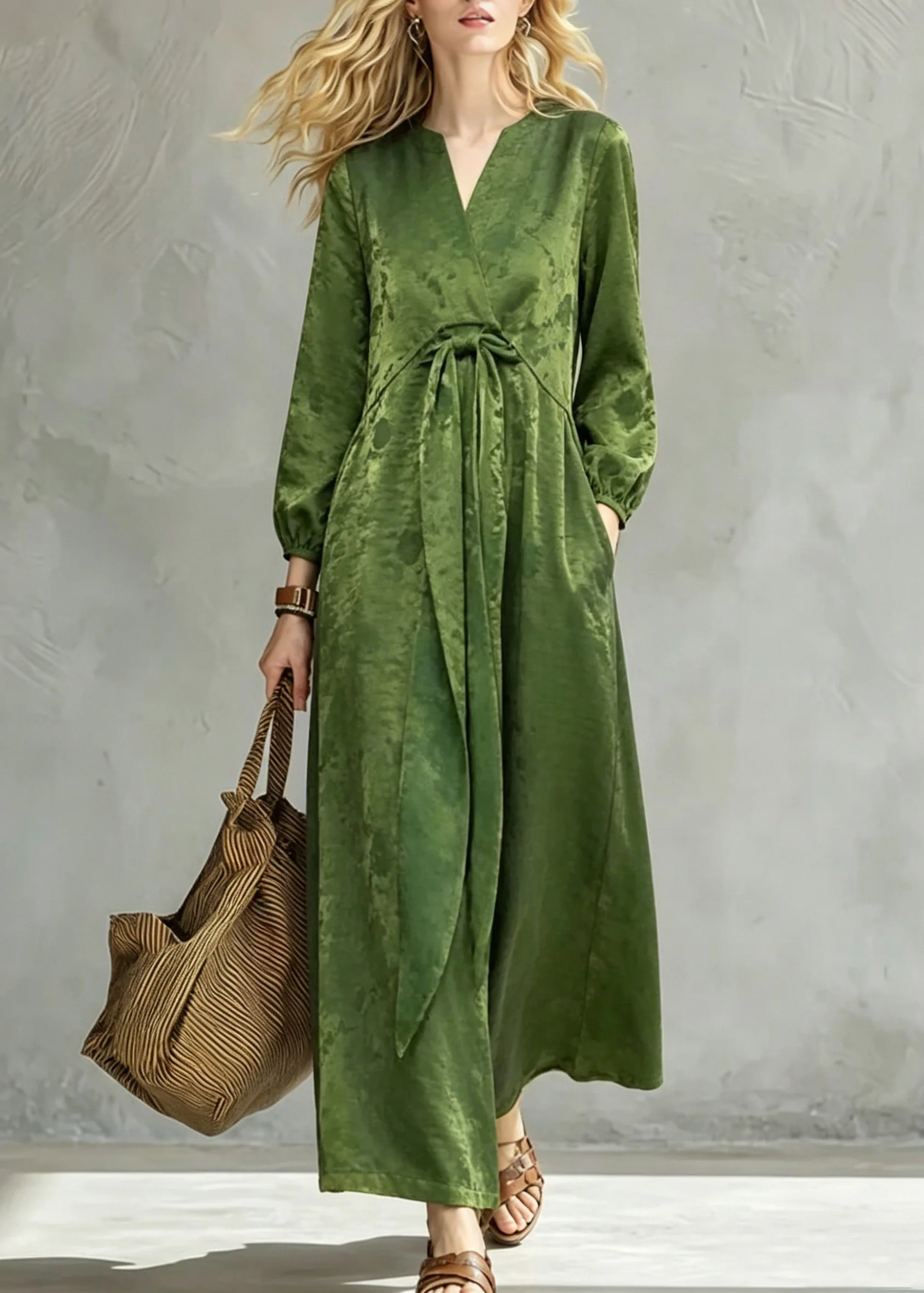 Vintage Green Print Pockets Bow Long Dress Fall - Image 5