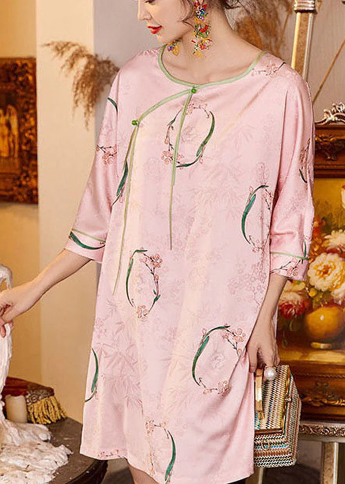 Vintage Green Print Tassel Ice Silk Mid Dress Half Sleeve - Image 2