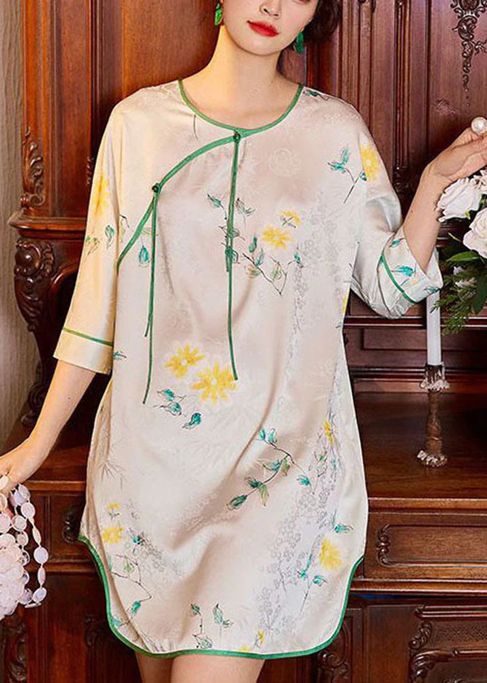 Vintage Green Print Tassel Ice Silk Mid Dress Half Sleeve - Image 3
