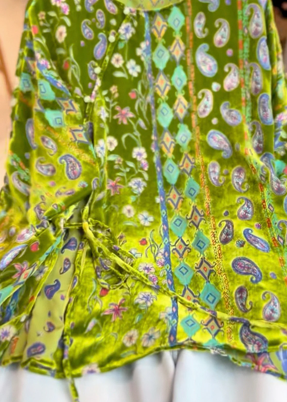 Vintage Green Print Tie Waist Silk Velour Tops Three Quarter Sleeve - Image 5
