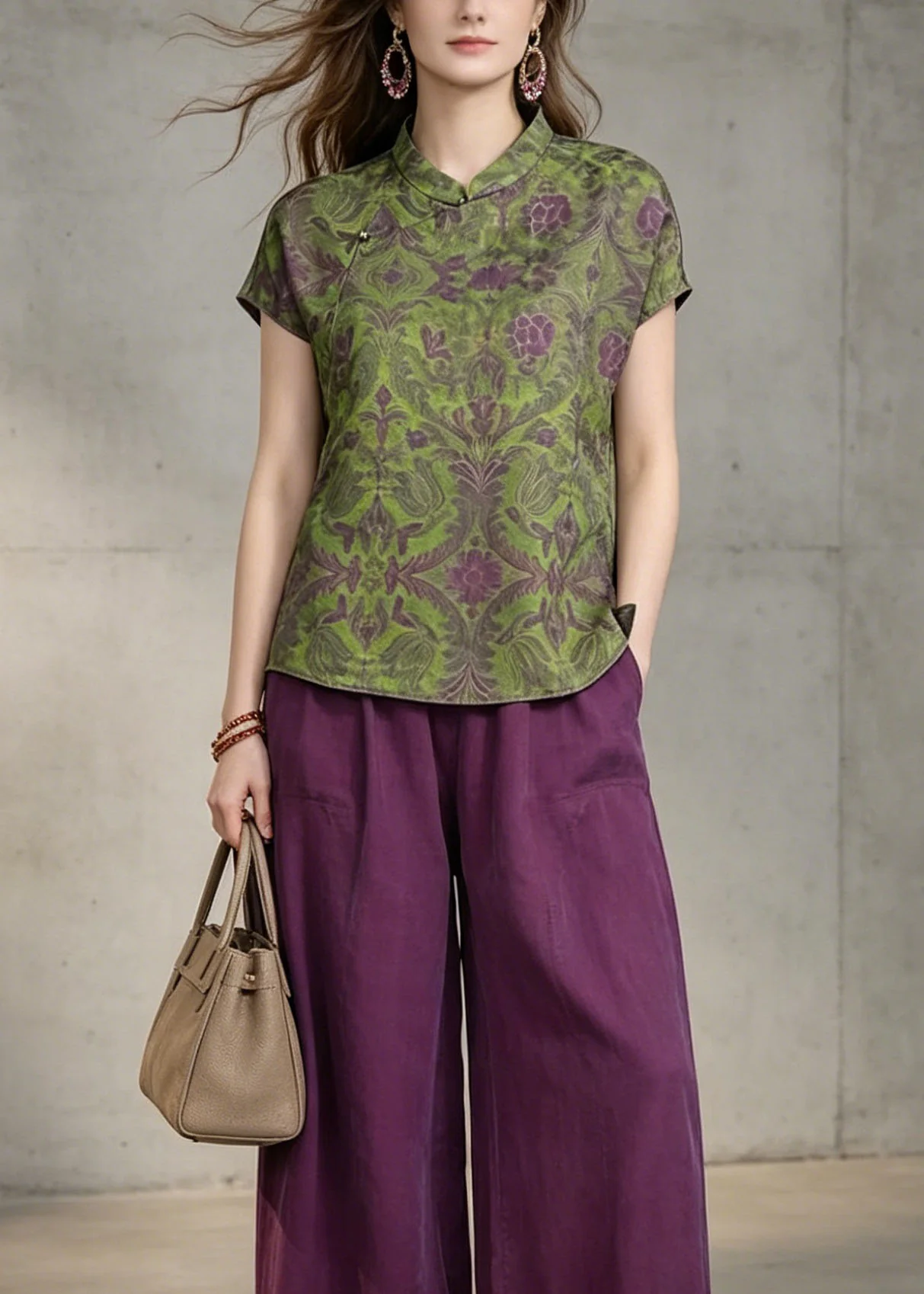 Vintage Green Print Top And Purple Pants Cotton Two Pieces Set Summer - Image 2