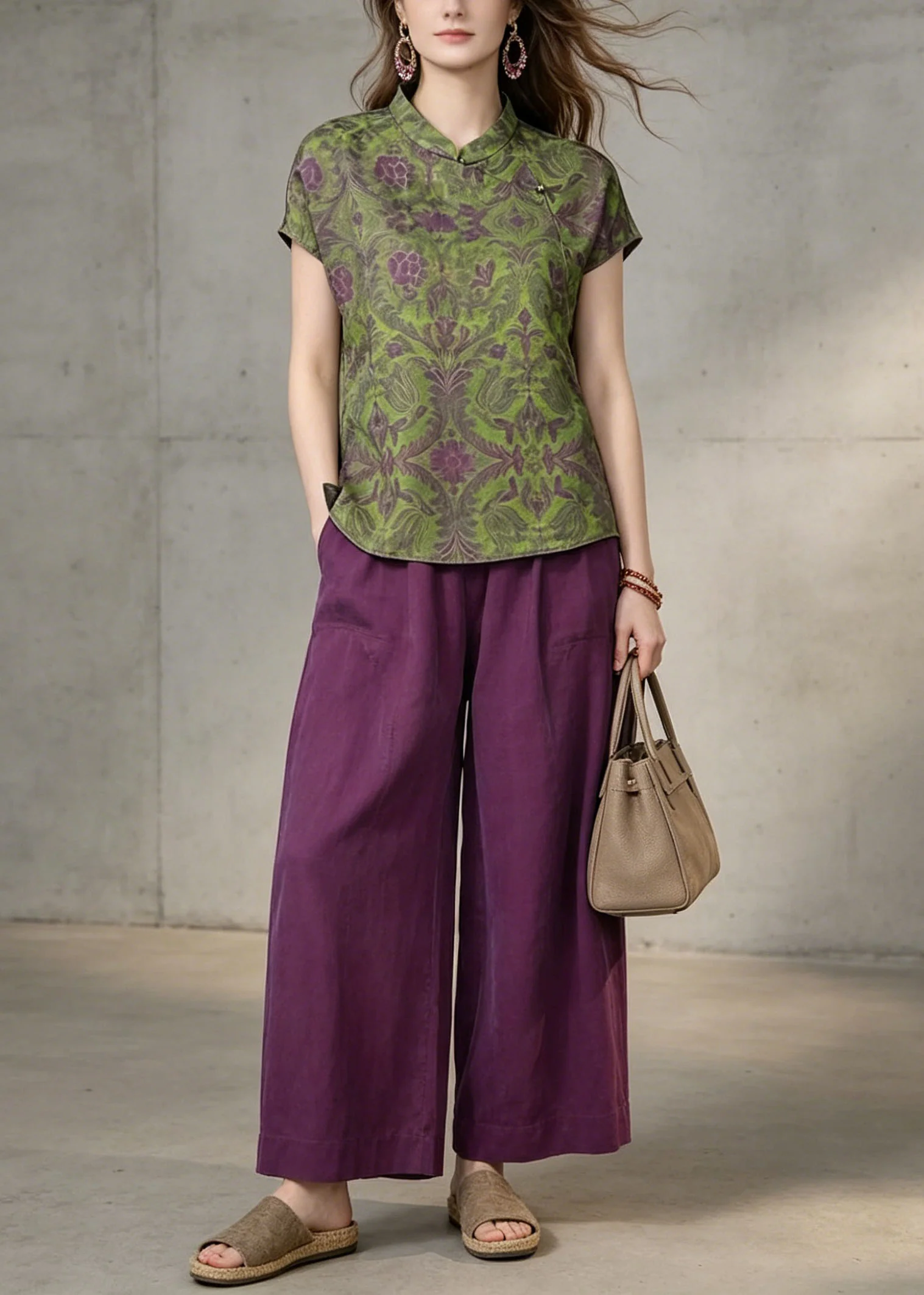 Vintage Green Print Top And Purple Pants Cotton Two Pieces Set Summer - Image 3