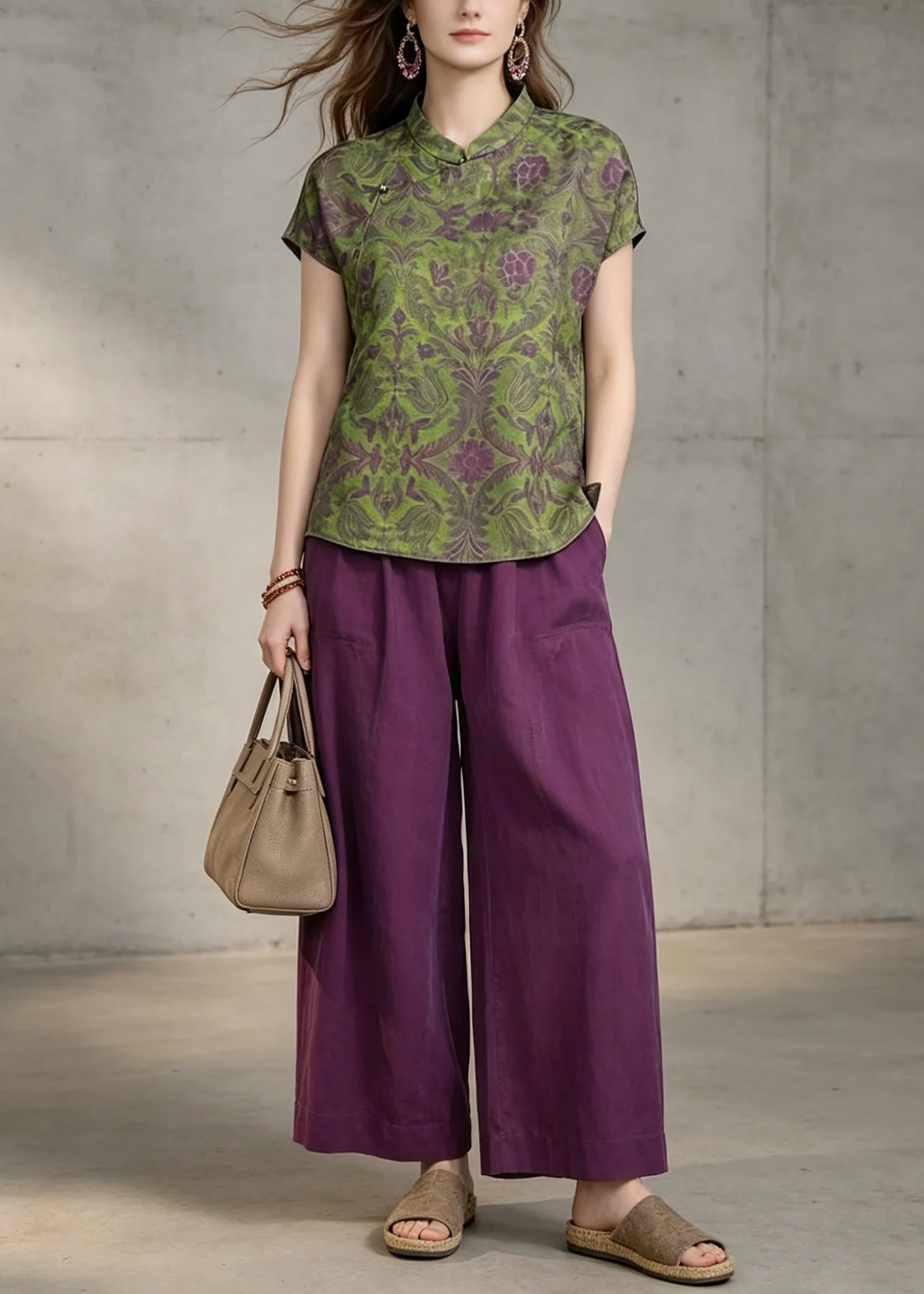 Vintage Green Print Top And Purple Pants Cotton Two Pieces Set Summer - Image 5