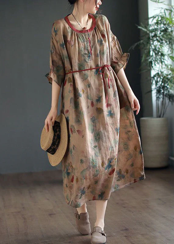 Vintage Green Ruffled Lace Up Print Linen Dress Half Sleeve - Image 3